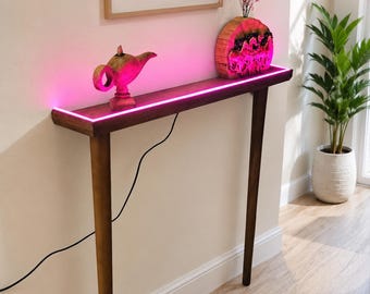 Wooden Narrow Console Table with Neon Light, Entryway Side Table, Radiator Shelf