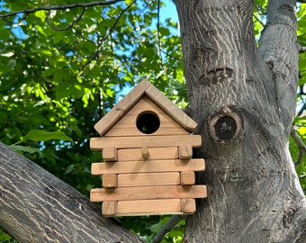 Cabane à oiseaux en bois pour l'extérieur - Décoration de jardin naturel, Paradis des oiseaux, Cabane aux oiseaux bleus pour l'extérieur, Cadeau pour les amateurs d'oiseaux