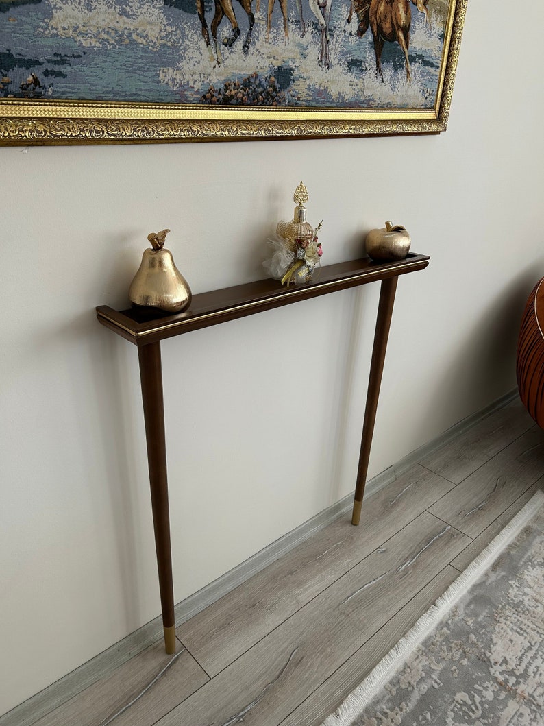 Narrow Wooden Console Table with Gold Detail Customsize Entryway Console Table Solid Wood Furniture image 2