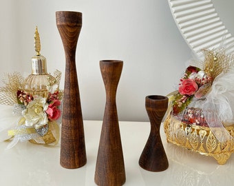 Lot de 3 bougeoirs en bois * Bougeoirs décoratifs, rustiques et authentiques - Cadeau fait main Décoration d'intérieur