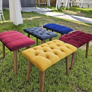 Velvet Ottoman Bench with Wooden Legs, Tufted Entryway Stool, Modern Footstool, Upholstered Bench, Makeup Stool
