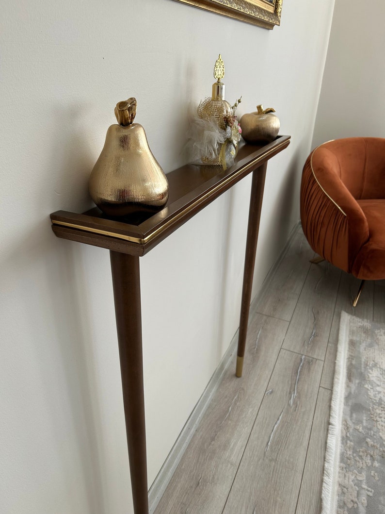 Narrow Wooden Console Table with Gold Detail Customsize Entryway Console Table Solid Wood Furniture image 1