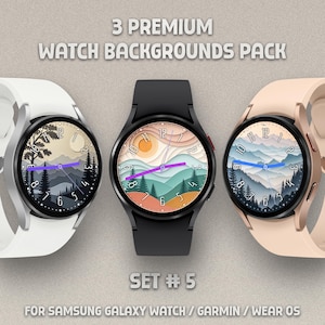 May include: Three smartwatches with different landscape-themed watch faces. The watches have white, black, and rose gold bands. The watch faces feature layered paper art designs of mountains, trees, and a sun. Text on the image reads "3 Premium Watch Backgrounds Pack" and "Set #5".