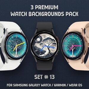 May include: Three smartwatches with distinctive watch face designs. The watch faces display tree-themed graphics in different colour schemes. The watches have white, black, and beige straps. Text on the image reads "3 Premium Watch Backgrounds Pack" and "Set # 13".