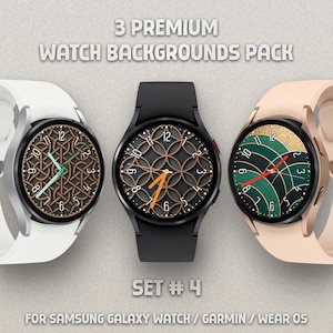 Könnte beinhalten: Drei Smartwatches mit verschiedenen Zifferblättern. Die Zifferblätter zeigen geometrische Muster in Braun-, Grün- und Goldtönen. Die Uhren haben weiße, schwarze und rosafarbene Armbänder. Der Text auf dem Bild lautet "3 PREMIUM WATCH BACKGROUNDS PACK" und "SET #4".