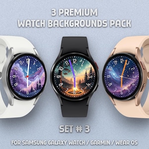 Puede incluir: Se muestran tres smartwatches con diferentes esferas. Las esferas presentan fondos escénicos de una noche estrellada, una escena de fogata y una nebulosa. Los relojes tienen correas blancas, negras y color melocotón. El texto en la parte superior dice "3 PREMIUM WATCH BACKGROUNDS PACK".