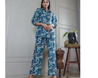 Blue Printed Floral Matching Dress women Shirt And loose Pants Two Piece Sets Long Shirt Palazzo Beach Wear Suit Set Women Gift Co Ord Set