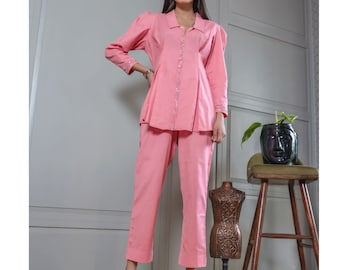 Pink Co Ord Set with Collar Women Straight Long Sleeves Matching Top & Pant Set Office Wear Handmade Cotton Pant Suit Women Two Piece Outfit
