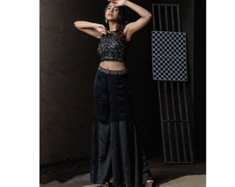 Womens Black Two Piece Set, Top and Bottom Set, Top and Pant set, Cotton Co ord set, Top And Palazzo, Bell bottom, Black Outfit for women