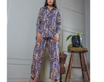 Printed Top & Pant Set Long Sleeve Collared Shirt Hand Block Print Button Down Shirt for Women Co Ord Set Wide Leg Pants Two Piece Set