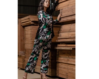 Black & Green Printed Top and Pant Set Long Sleeves Collard Shirt Women Formal Flared Pant Plus Size Two Piece Set For Women Gifts for Her