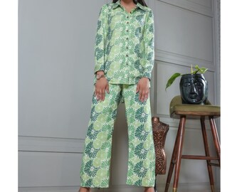 Green printed Two Piece Set Costume Lime Shirt And Pant Set Loose Fit Pant Floral Co Ord Set For Her Lounge wear Long Shirt Bottom Pant Suit