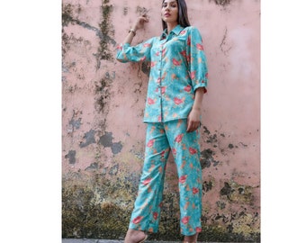 Button Down Shirt with Pant, Digital Printed Co ord Set for Women Girls, Two Piece Dress, Loungewear Sets Women, Cotton Fabric Jumpsuit
