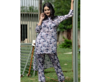 Straight Kurti Pant Set for Women 3/4 Sleeves Pure Cotton Flower Print Top Pant Co ard Set Women Partywear Salwar Kameez Suits Ready to Wear