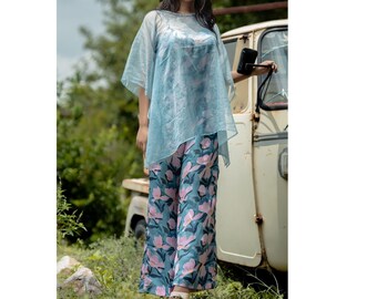 Floral Printed Sleeveless Jumpsuit Blue Dress for Women-Everyday Wear Palazzo Trousers Set-Printed Summer Loungewear Dress-Boho Jumpsuit