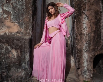 Pink Sharara with Blouse and Jacket Dress,Patchwork Women Punjabi Short Suit,Readymade Indian Outfits Pink Gharara And Palazzo Set For Women