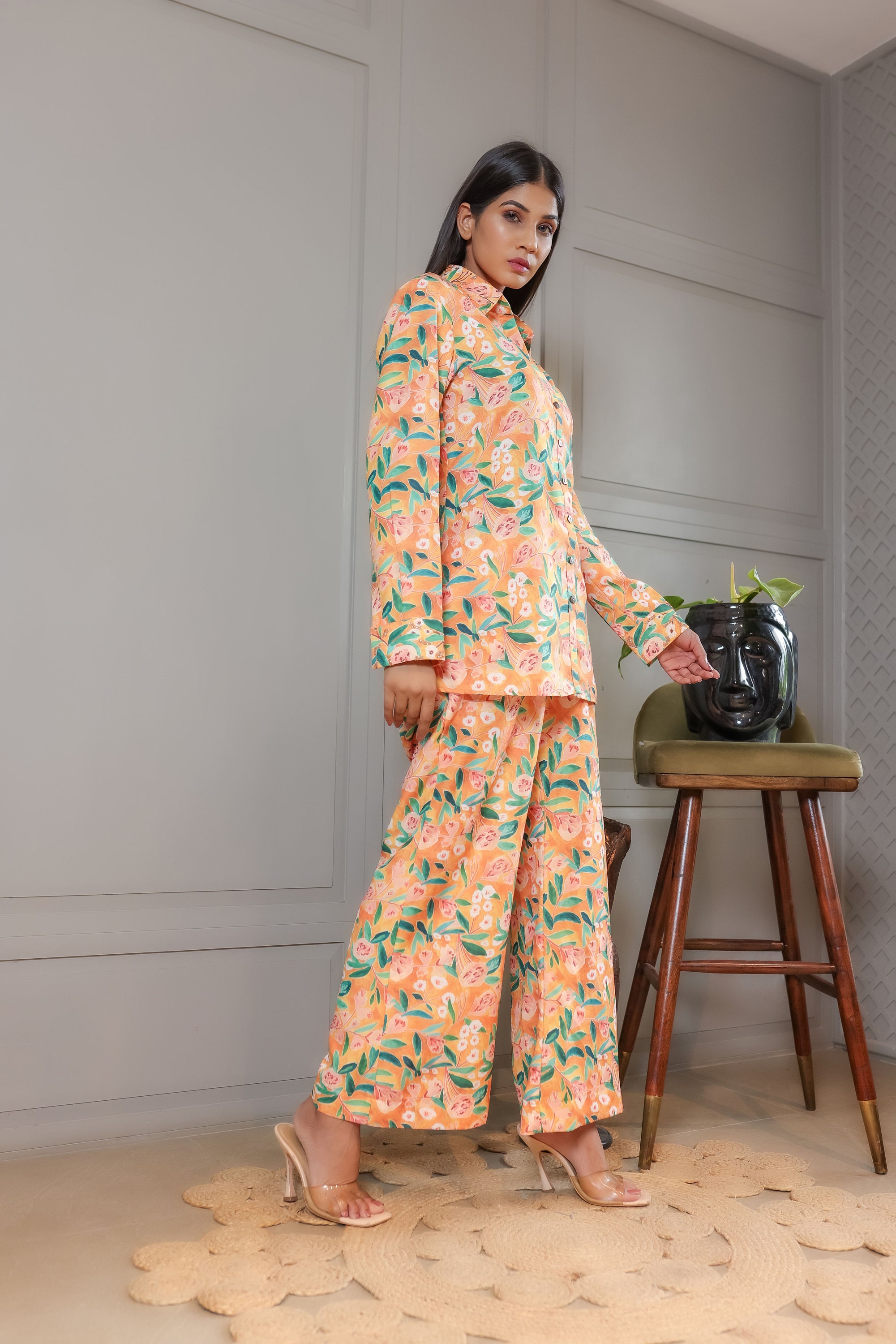 Two-Piece Set with Printed Cape Top and Wide-Leg Pants - Orange main image 1