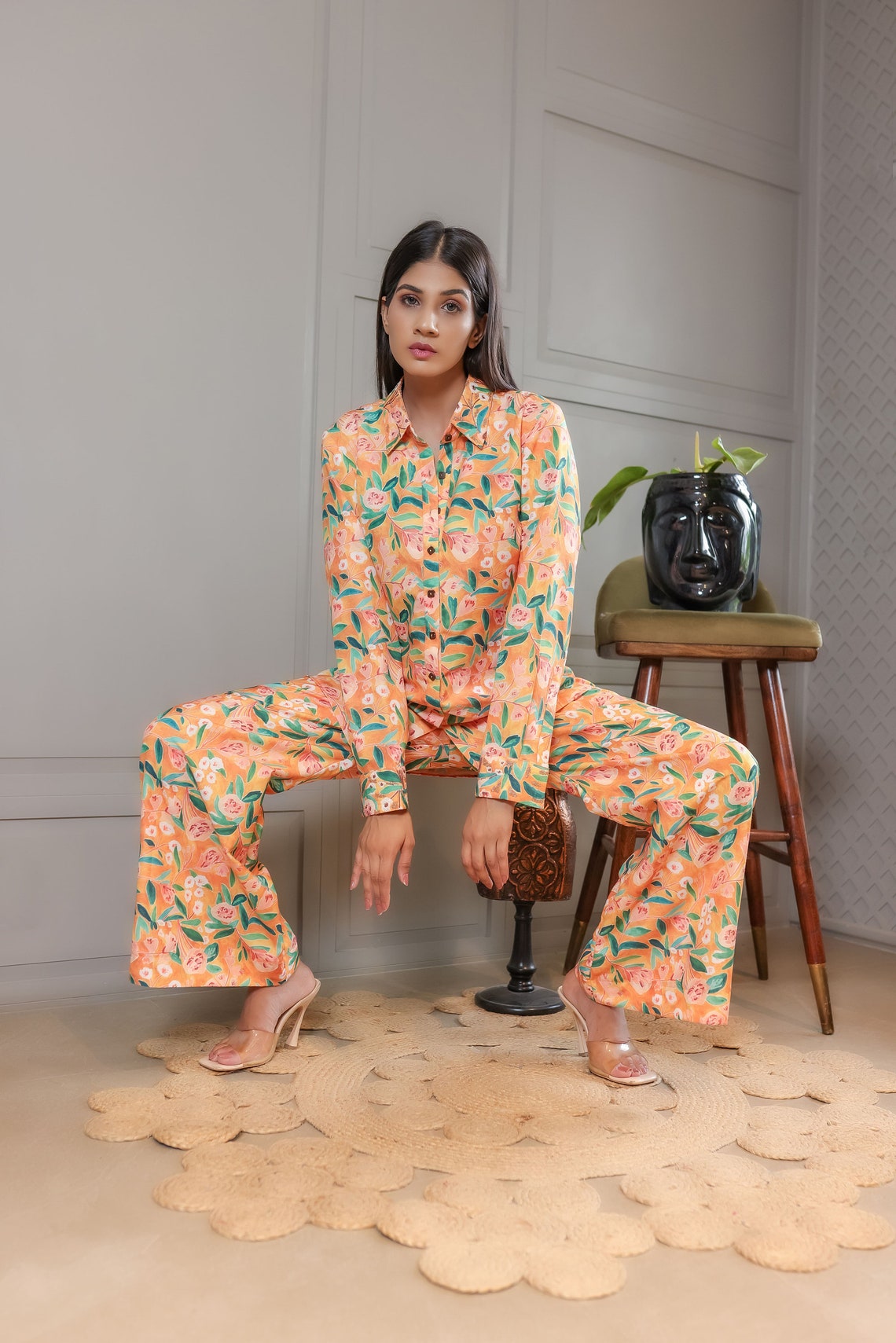 Flower Printed Shirt & Wide Leg Pant Coord Set