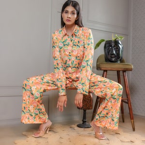 Pink Leaf Printed Top & Pant With Stole Co-Ord Set main image 1