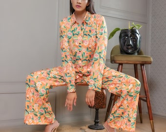 Two Piece Co Ord Set Women Shirt And Pant Suit Orange Long Shirt Wide Leg Lose Pant Set Handmade Flower Printed Pant & Top For Women Gift