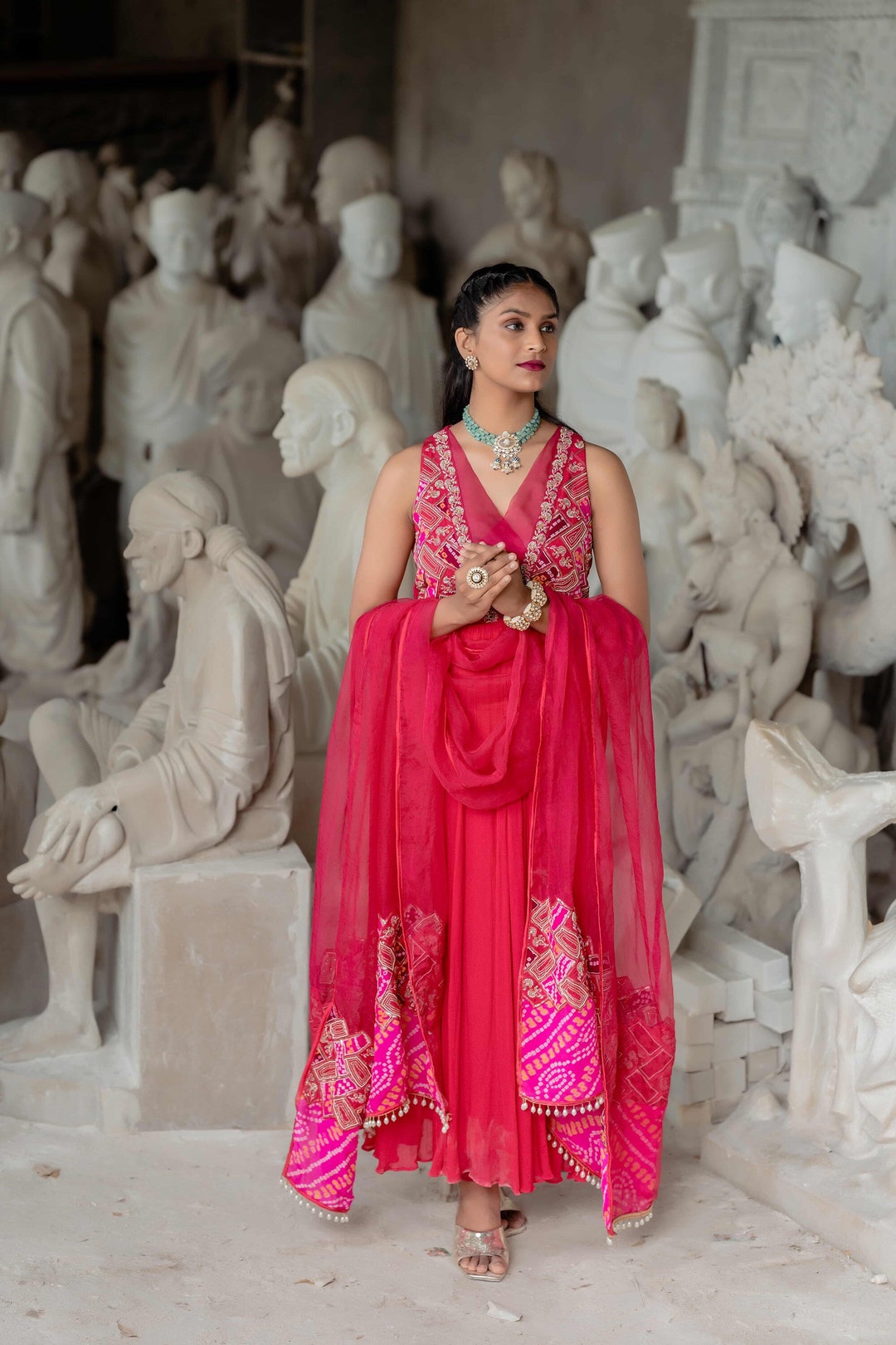 Hot Pink Anarkali Suit Deep V Neck Sleeveless Hand Embroidery Anarkali  Dupatta Dress Indian Wedding Ethnic Wear Readymade Anarkali Dress - Etsy