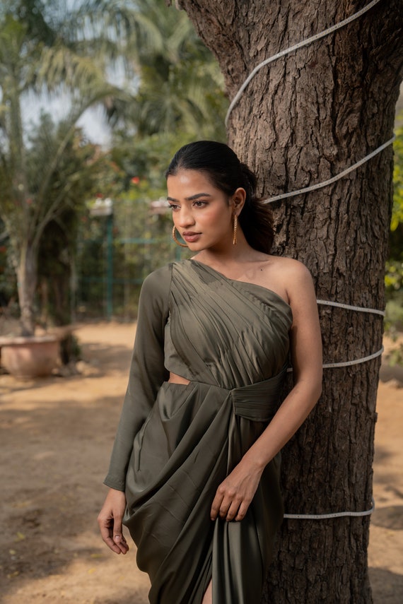 Buy One Shoulder Pencil Dress Drape Pattern Green Midi Dress Front  