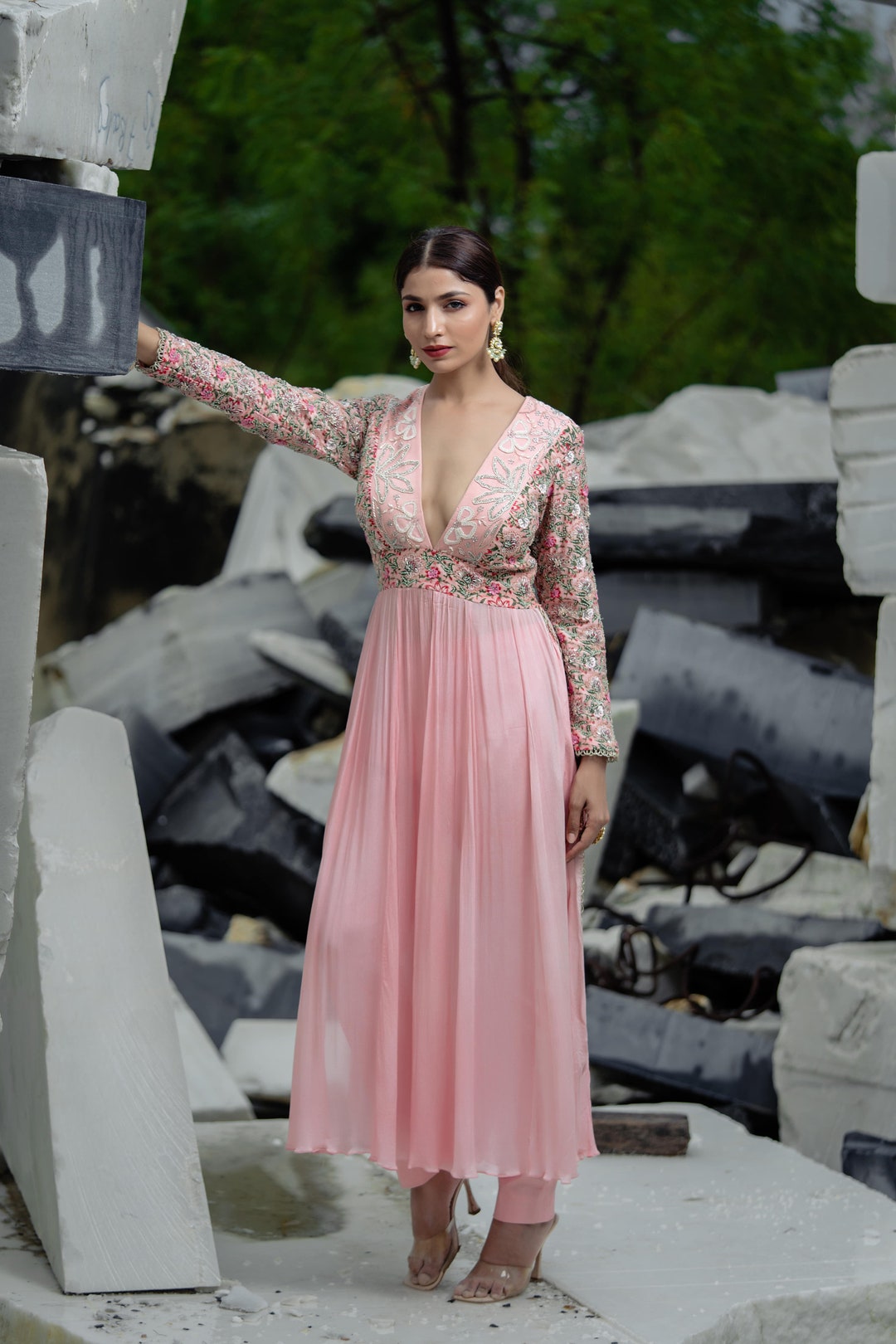 Blush Pink Real Chinon Floral Printed Embroidered - Anarkali Dress