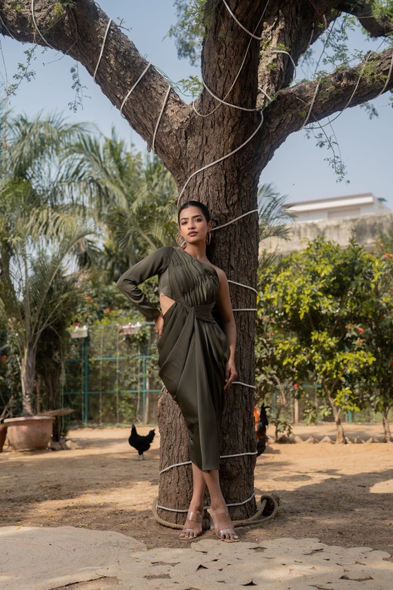 Buy One Shoulder Pencil Dress Drape Pattern Green Midi Dress Front  