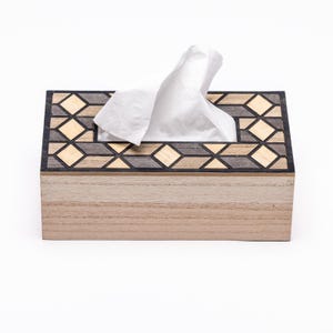 May include: A rectangular wooden tissue box with a geometric pattern on the lid. The pattern features diamond shapes in shades of brown, grey, and beige. White tissues are pulled from the opening. The box is made of light-coloured wood.