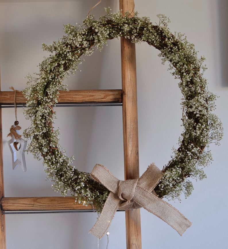 Dried Gypsophila Wreath Bow Handmade Gift Idea Front Door Wreath Hanging Wreath Wedding Rustic Cottage image 2