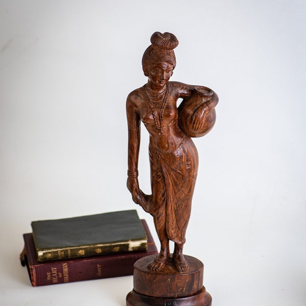 Antique Indian Wood Carving Water Girl  Sculpture Large Figurine