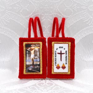 Fivefold Wool Scapular with Braided Wool Cords, Embroidered Small 2.25&quot; x 1.5&quot;