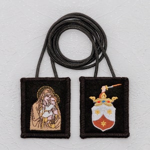 Our Lady of Mt. Carmel Multicolored Carmelite Crest Embroidered Brown Wool Scapular Blessing Record Scapular Promise Prayer Medium 2&quot; x 2.5&quot;
