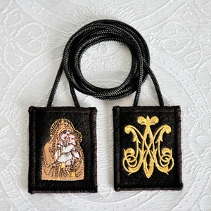 Our Lady of Mt. Carmel Ave Maria Embroidered Brown Wool Scapular w/ Blessing Record, Scapular Promise & Mt Carmel Prayer Medium 2&quot; x 2.5&quot;