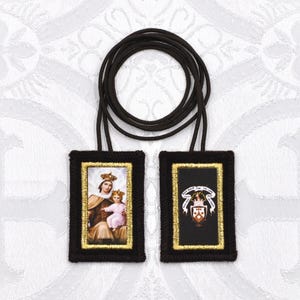 The Brown Scapular of Our Lady of Mt. Carmel with Carmel Crest, Gold Embroidery Blessing Record Scapular Promise Prayer Small 2.25&quot; x 1.5&quot;
