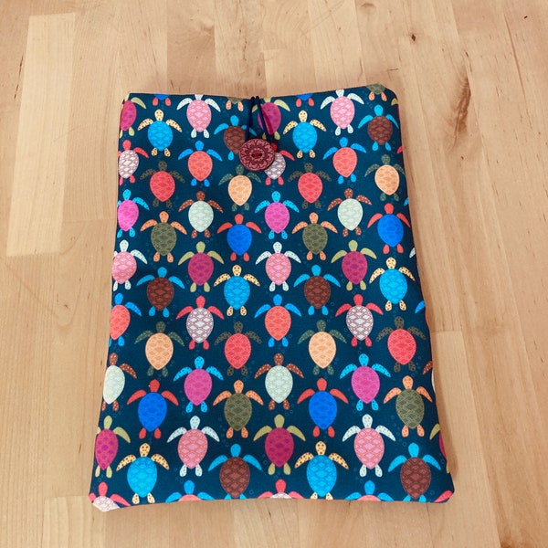 iPad Sleeve made with recycled turtle print canvas and lined with organic cotton corduroy