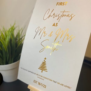 Primo Natale Sposato Custom Foil Print A4 / regali di coppia, Regali di Natale, personalizzato, 1 ° Natale Mr & Mrs, Foglia d'oro Cartoncino grigio pallido