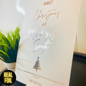 Erstes Weihnachten Hochzeit Geschenk A4 / Geschenk für Paare, Weihnachtsgeschenke, personalisiert, Silberfolie Hellgrau Karte