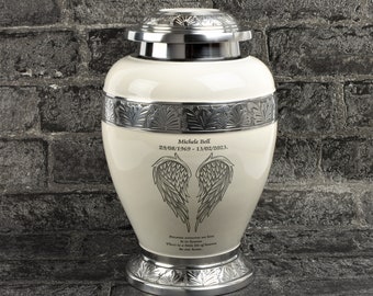 Adult Cremation Ashes Large Urn Angel Wings Design White Memorial Funeral Urn Fully Personalised
