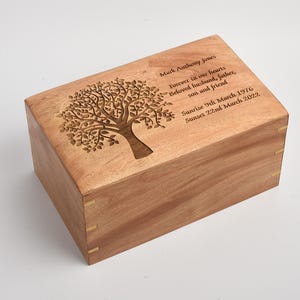 Adult Large Cremation Ashes Solid Wood Casket Urn Box Tree of Life Engraved Option to Personalise image 2