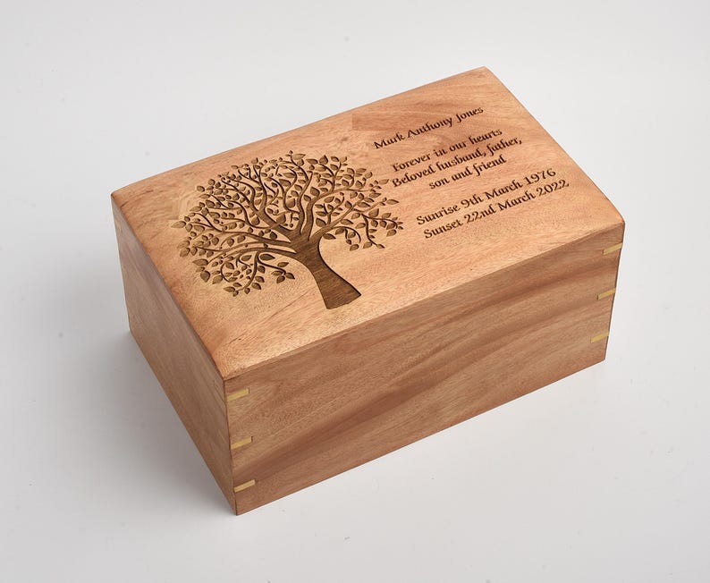 Adult Large Cremation Ashes Solid Wood Casket Urn Box Tree of Life Engraved Option to Personalise image 2