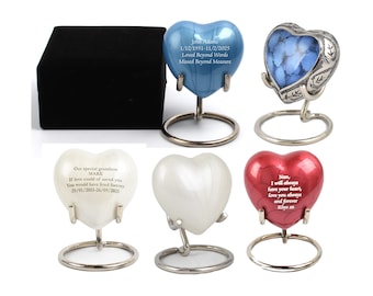 Personalised Small Heart Cremation Ashes Urn, Mini Memorial Keepsake, White Pink Red Blue Purple