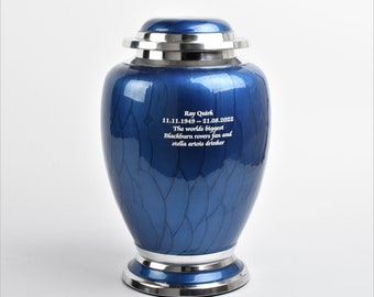 Adult Large Cremation Ashes Urn Blue and Silver Funeral Memorial Option to Personalise
