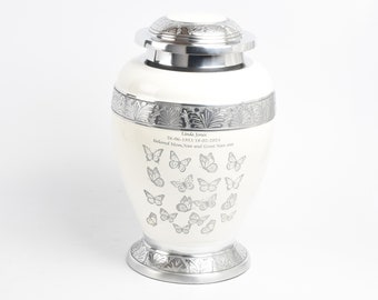 Large Adult Cremation Ashes Urn Free Personalisation Funeral Memorial Swarm of Butterflies Design White Urn