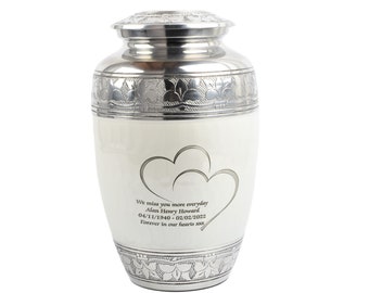 Adult Cremation Ashes Large Urn Free Personalisation Funeral Memorial Two Love Hearts Design Urn Pearl White