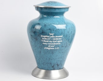 Adult Funeral Memorial Cremation Ashes Urn Blue Cloud and Silver Fully Personalised