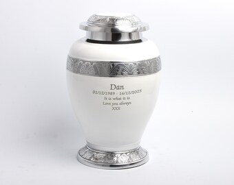 Large Cremation Urn For Adult Ashes – Off White Aluminium Urn – Optional Text Engraving – 200 Cubic In