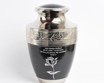 Large Adult Cremation Ashes Urn Free Personalisation Funeral Memorial Rose Design Black