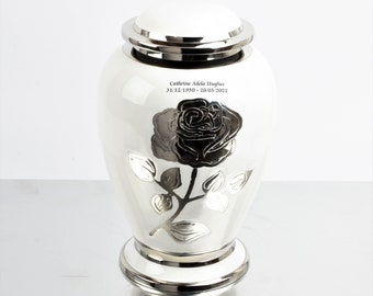 Adult Large Cremation Ashes Urn Funeral Memorial White and Silver Rose Fully Personalised Engraved Urn
