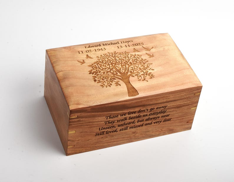 Adult Large Cremation Ashes Solid Wood Casket Urn Box Tree of Life Engraved Option to Personalise image 1